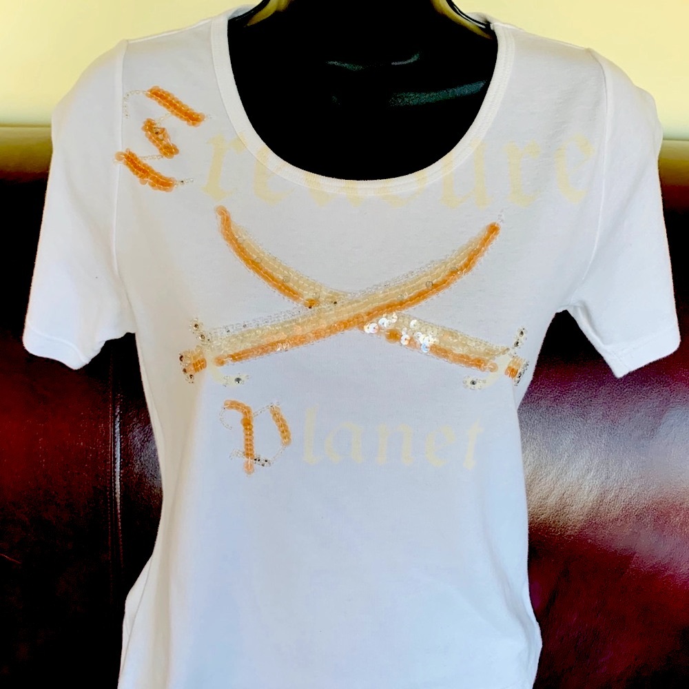 White Cotton Top with shiny orange & beige sequined beadings Short Sleeves M-L